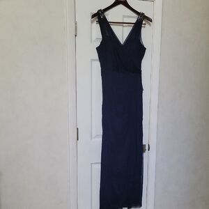 Xscape Blue Sleeveless V-Neck Sheath Maxi Dress
